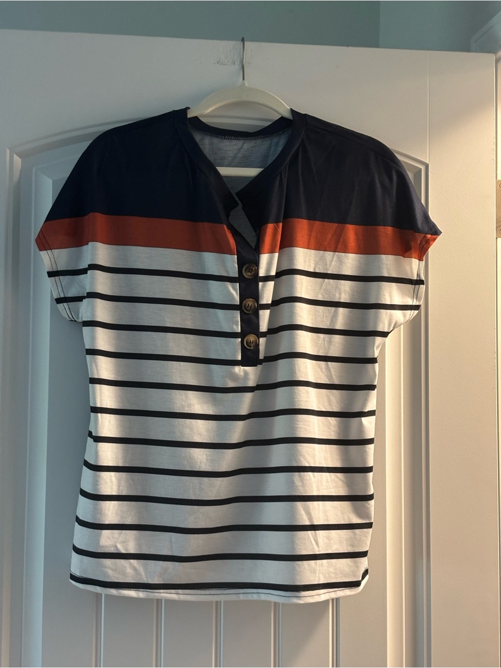 SHEIN Navy, White & Rust Striped Short-Sleeve Henley Tee